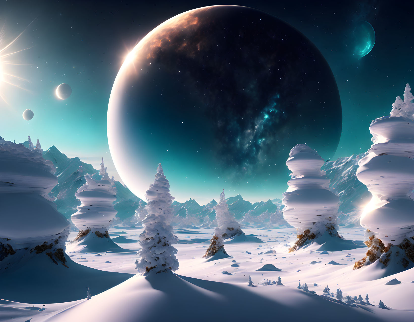 Snowy landscape with towering trees, mountains, night sky, moon, and celestial bodies.