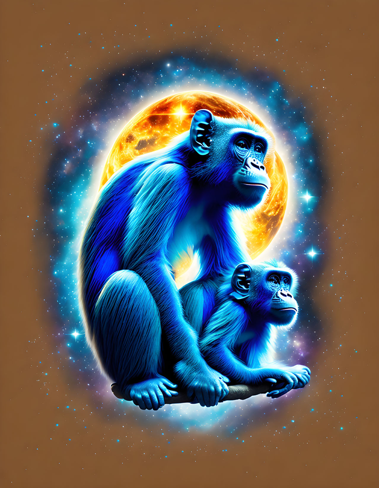 Neon blue monkeys in cosmic setting with glowing celestial body