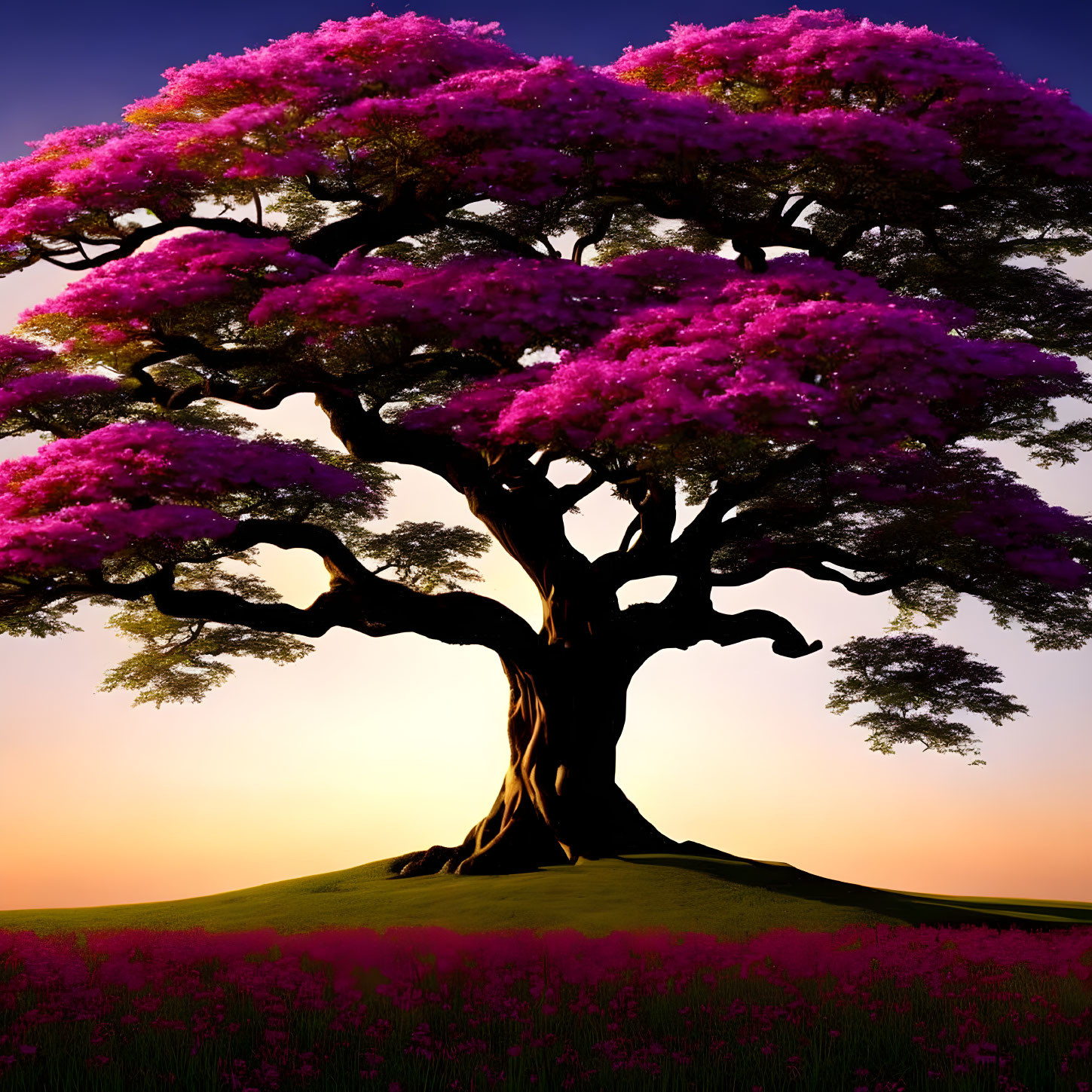 Majestic tree with pink blossoms on grassy hill at sunset