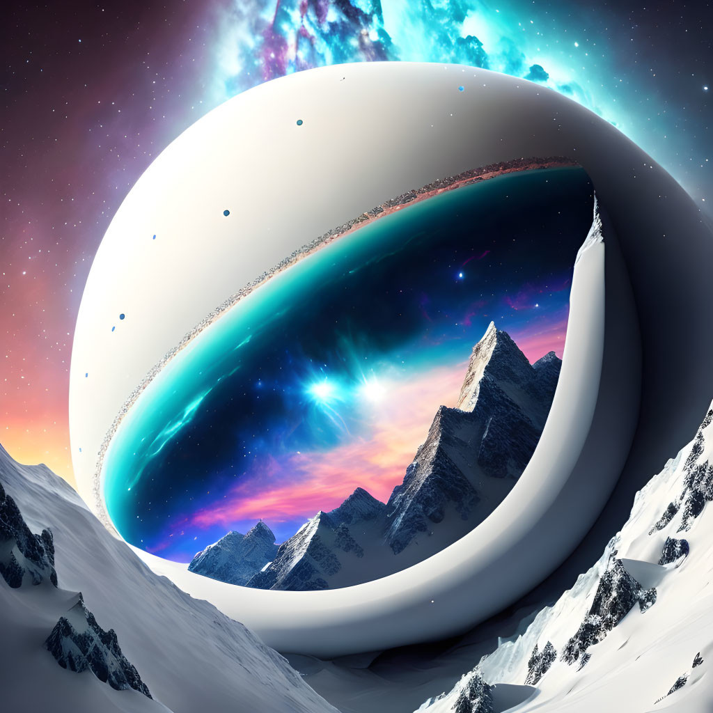 Snow-covered mountains under starry sky with ring-like celestial body