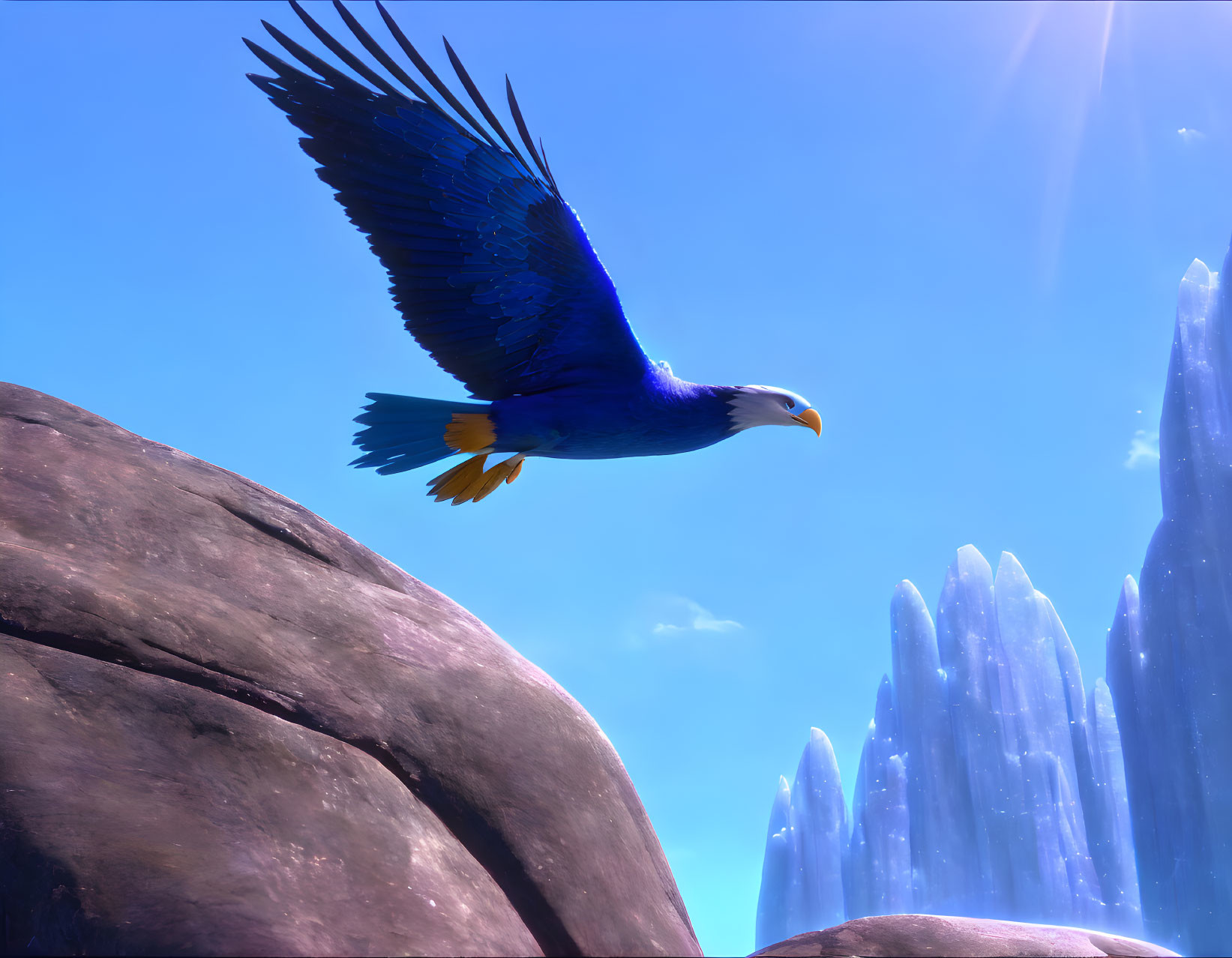 Majestic eagle soaring above crystalline rock formations