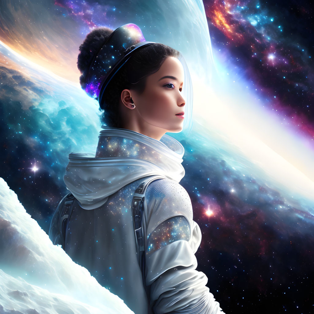 Futuristic woman in space suit contemplates cosmic nebulae