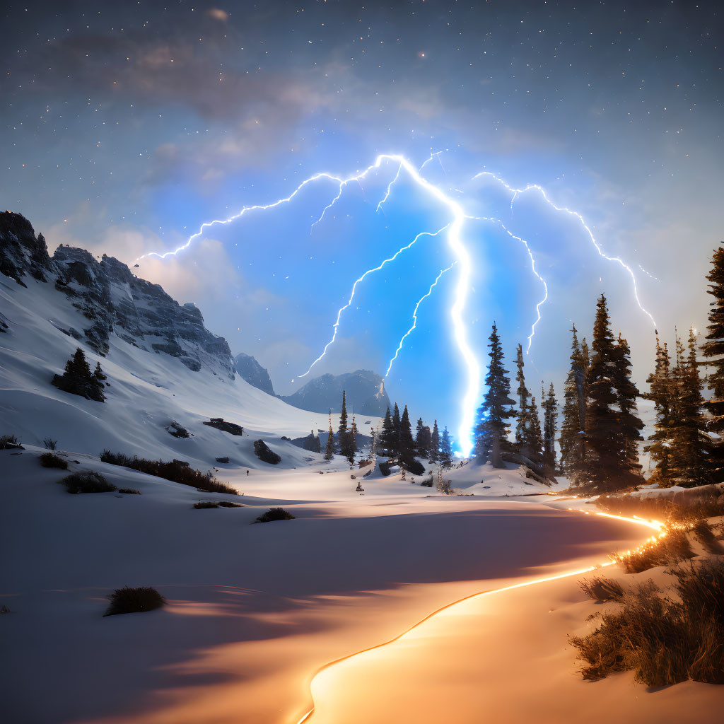 Winter night scene with lightning bolt, glowing path, trees, and mountains