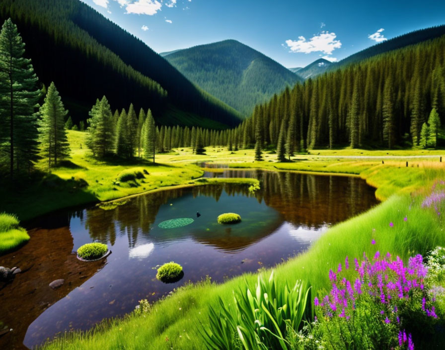 Tranquil river landscape with green meadows, purple flowers, and coniferous forests