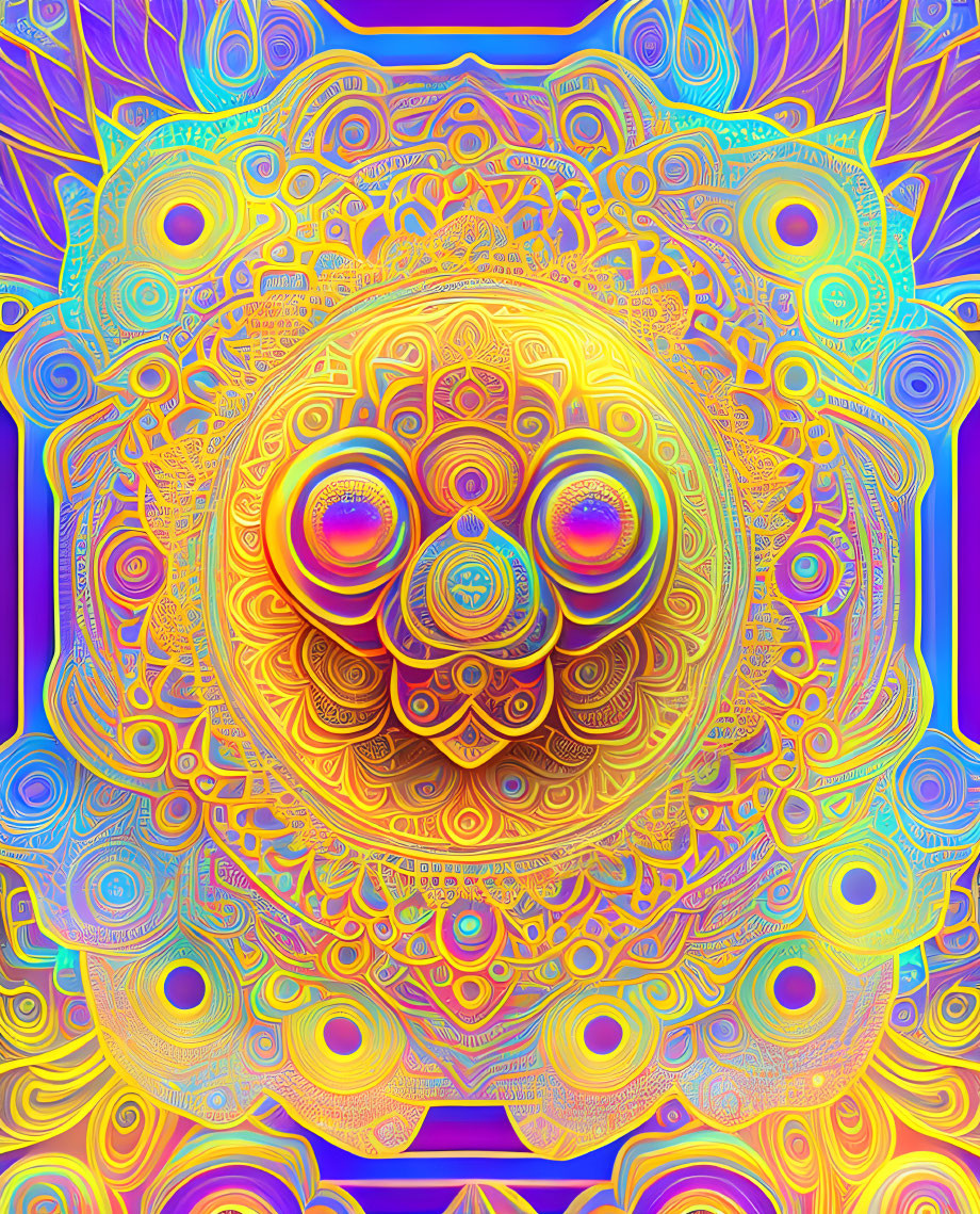 Colorful Psychedelic Mandala Art with Blue to Golden Transition