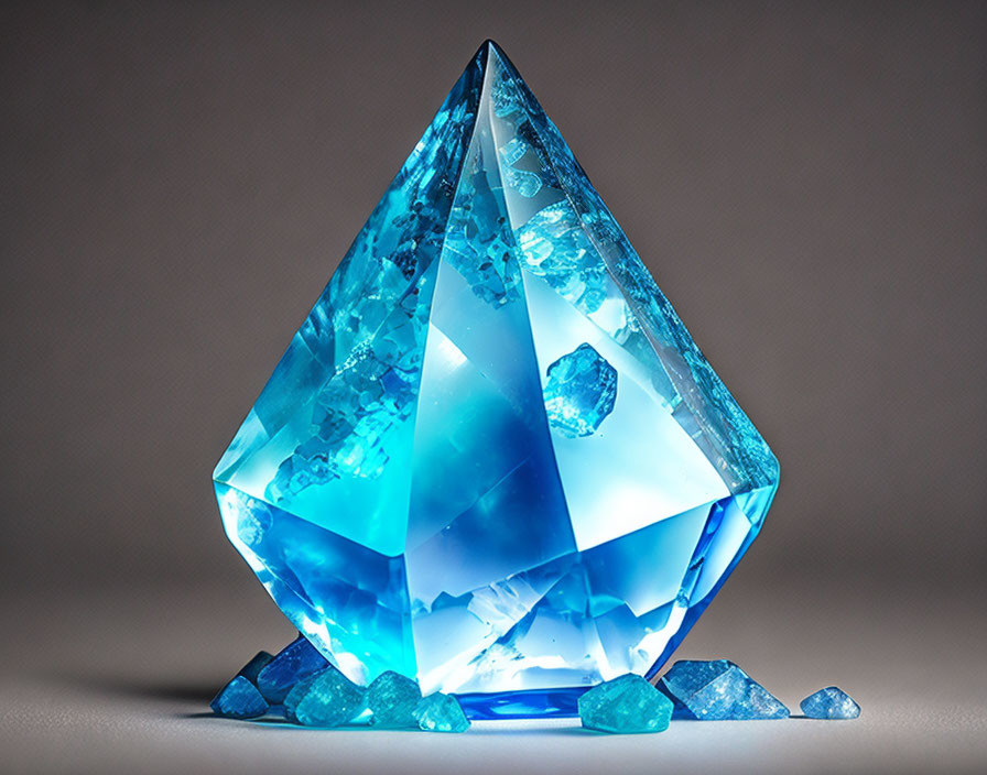 Radiant blue crystal with intricate facets on neutral background