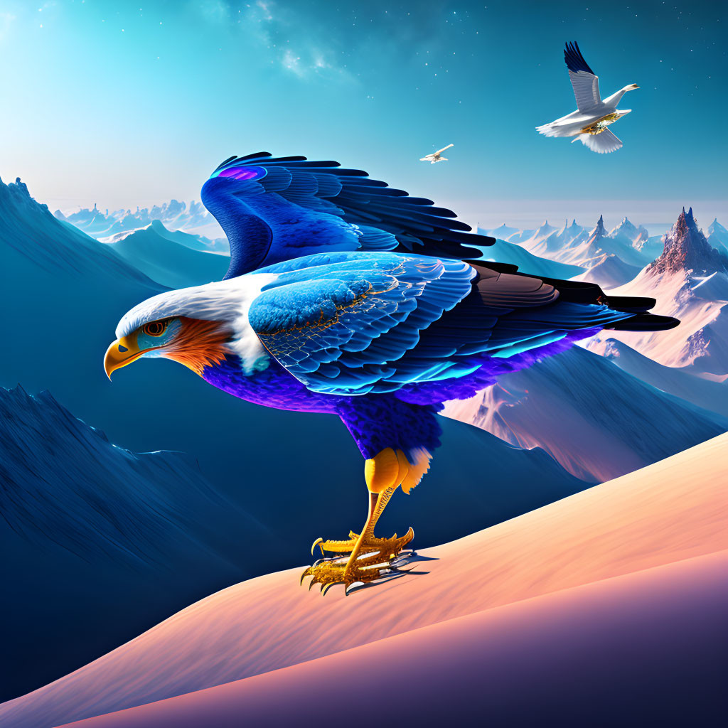 Eagle with cosmic wing pattern on dune in mountain landscape