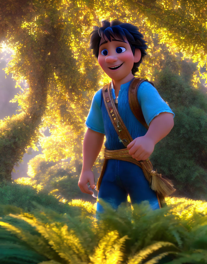 Blue-skinned character in vest and satchel in sunlit forest