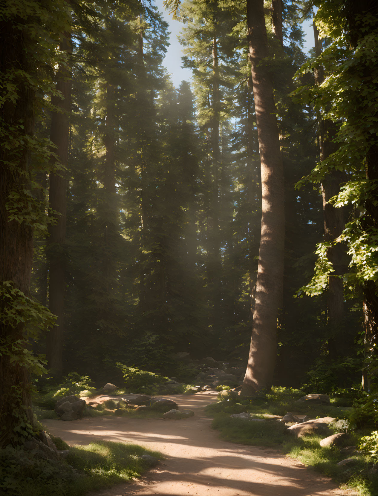 Tranquil forest path illuminated by sunlight