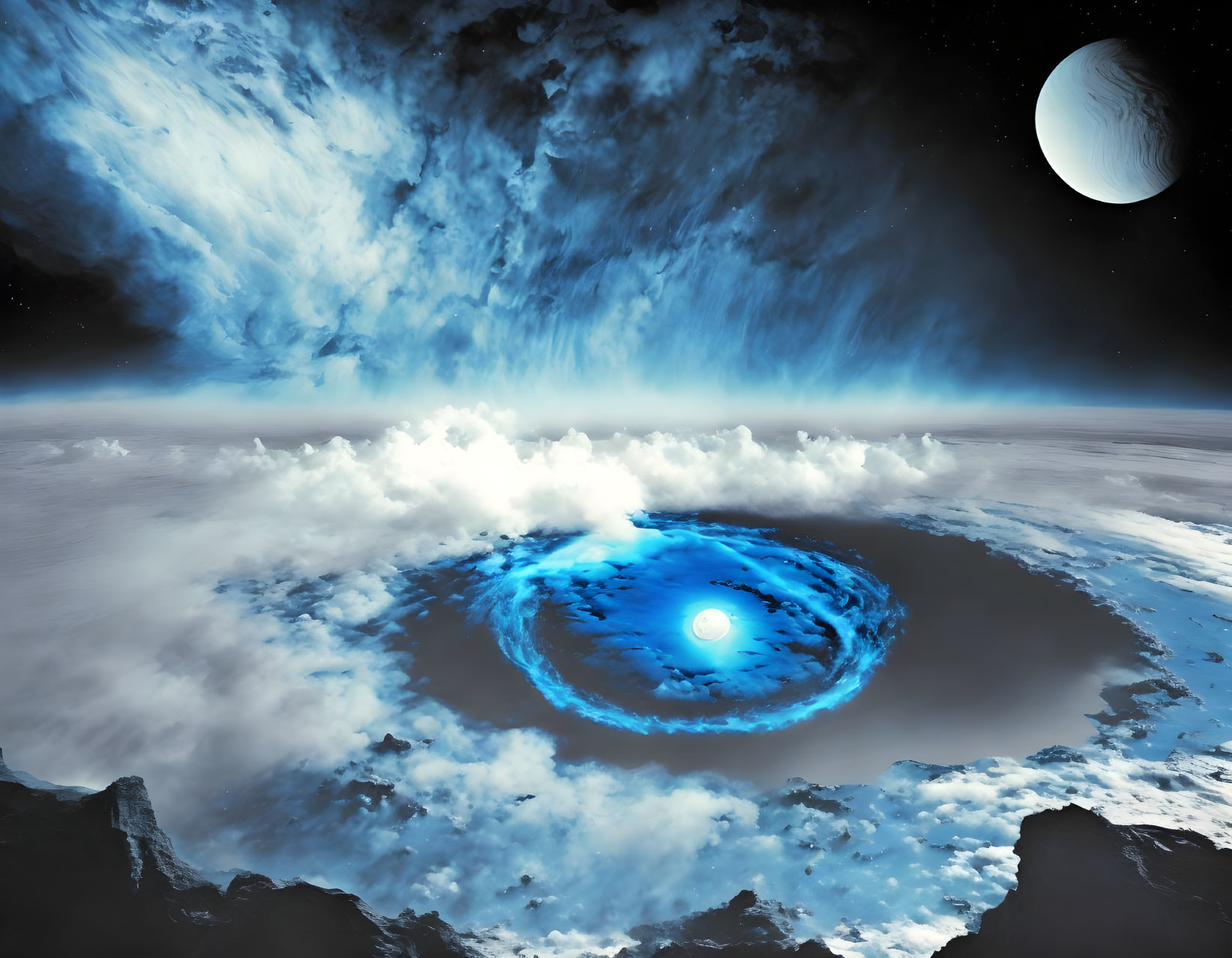 Cosmic scene with blue vortex, clouds, rocky surface, and looming planet.