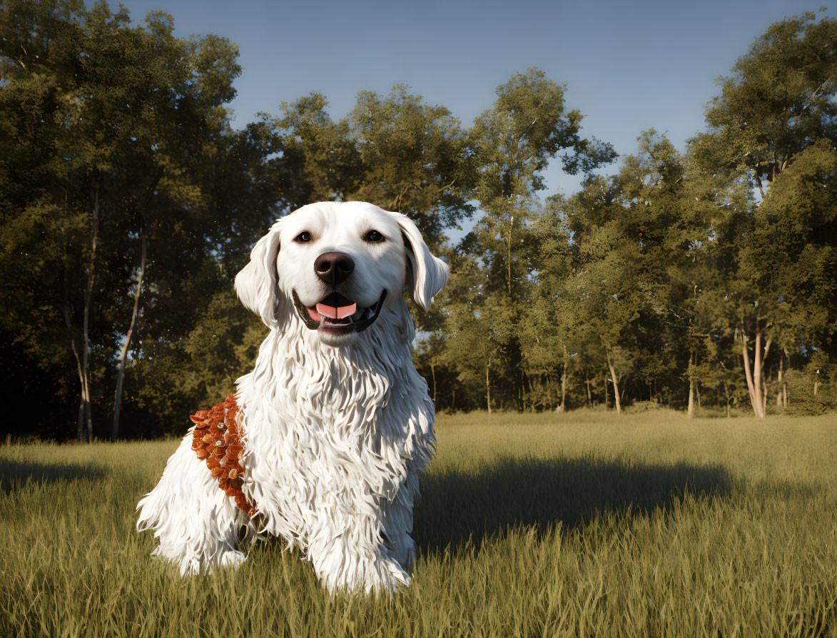 Golden retriever with bandana in lush field scenery