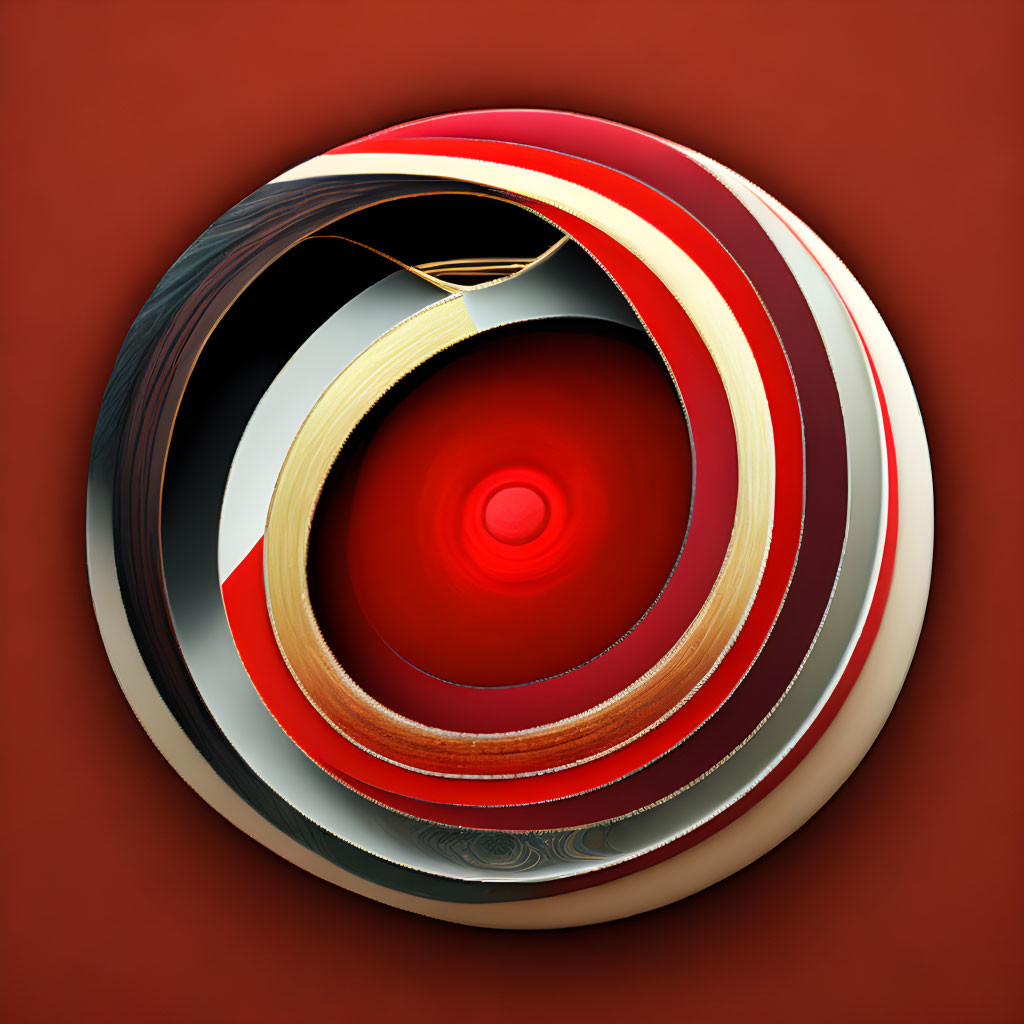 Abstract Spiral Design with Red, Beige, Black, and White Layers on Red Background