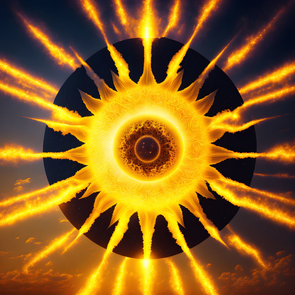 Vibrant abstract sun illustration with bright flares on dusk sky