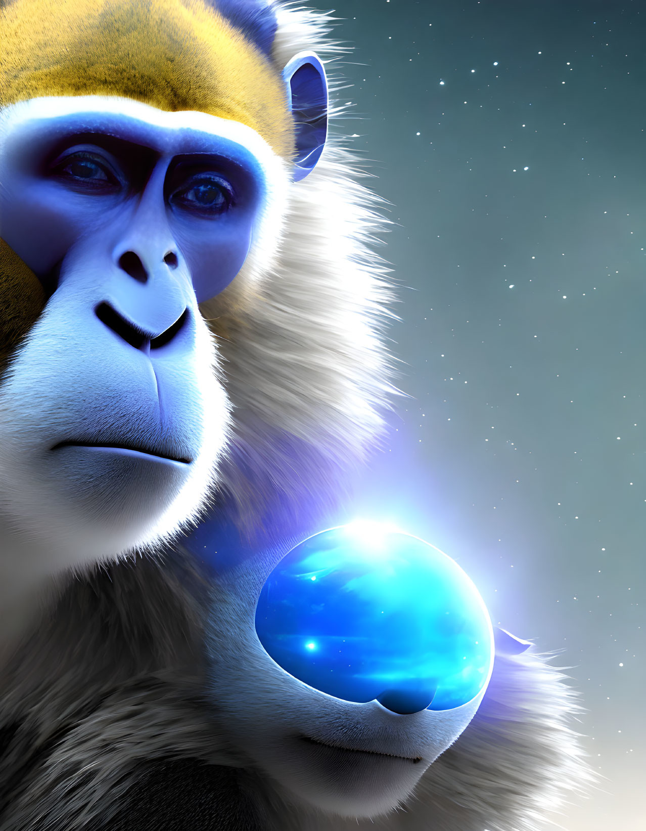 Primate holding glowing blue orb under starry sky