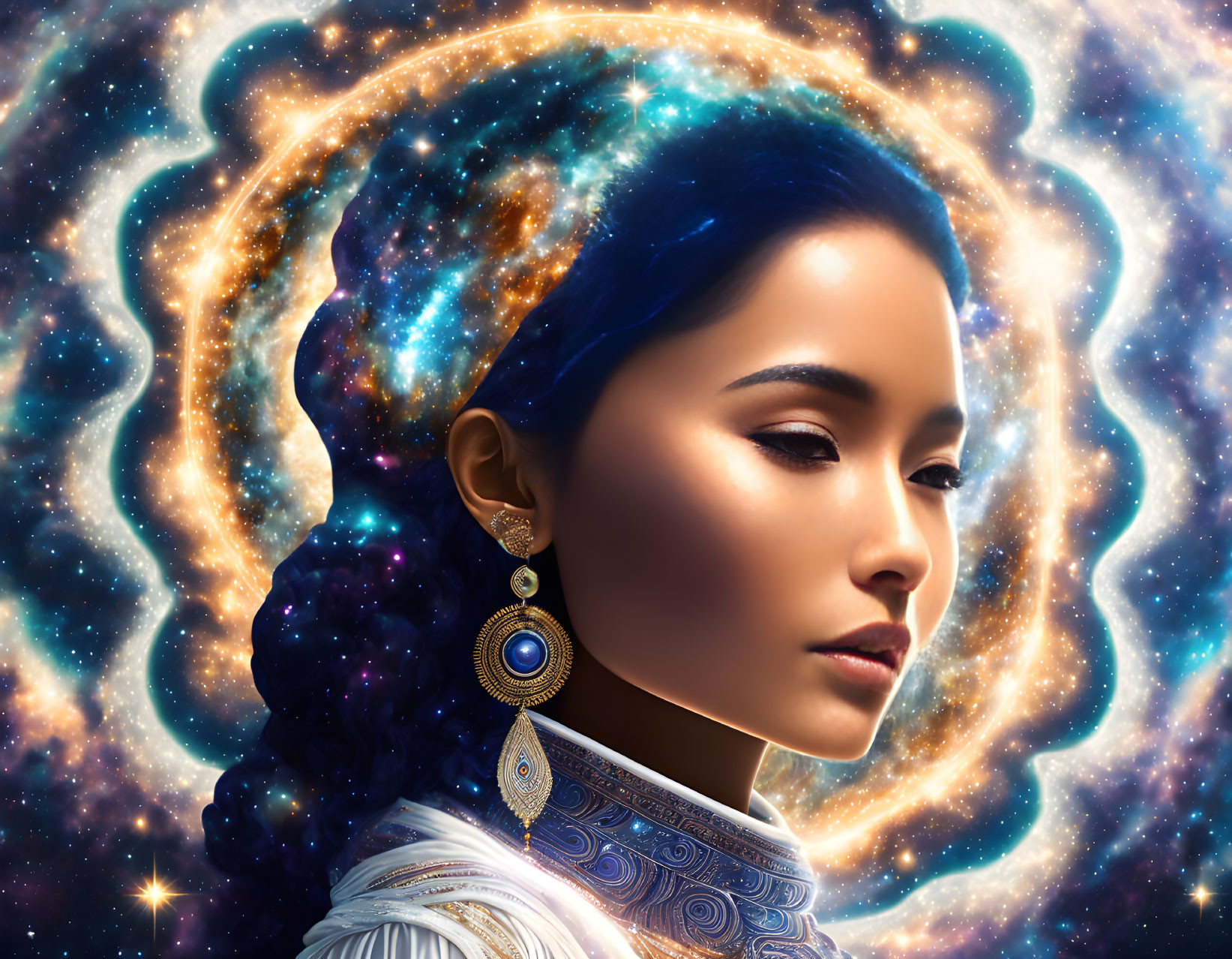 Serene woman with cosmic swirls and stars, adorned with elaborate earrings, against celestial backdrop