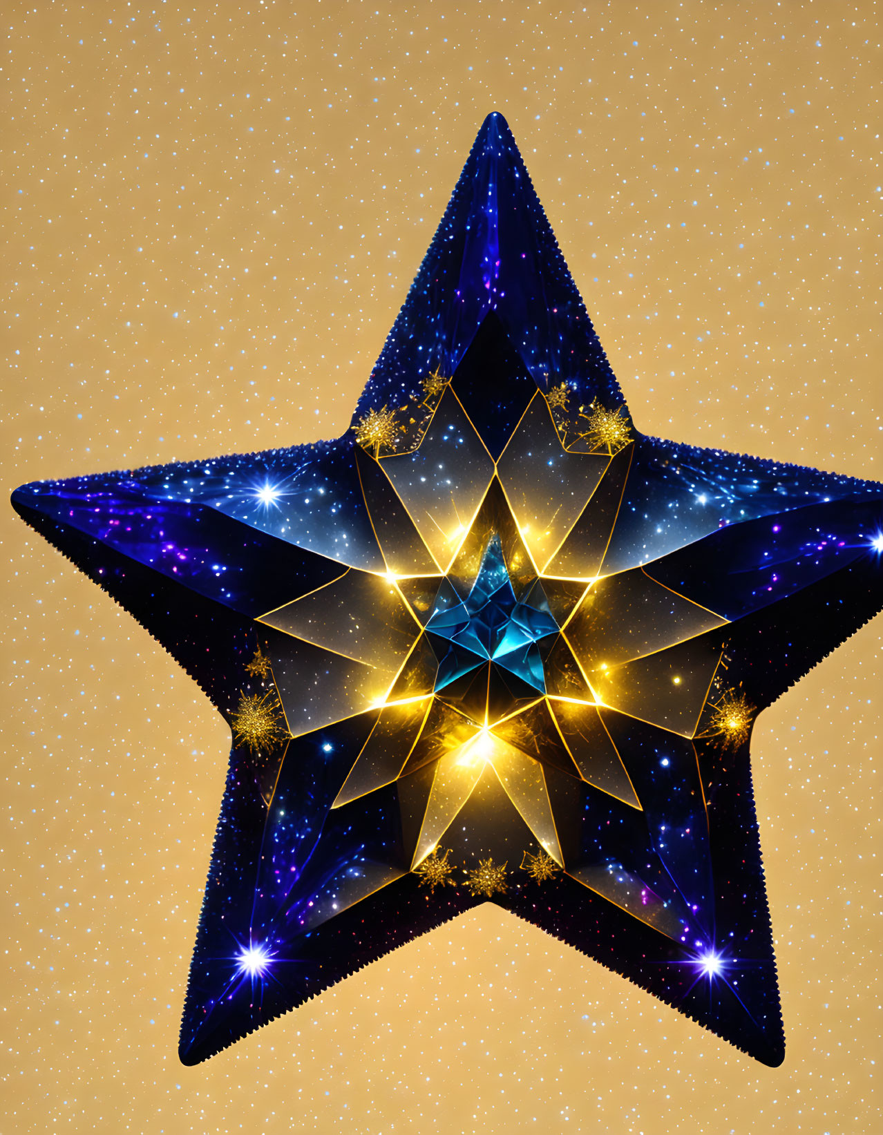 Fractal star image with vibrant blue layers on golden glitter background