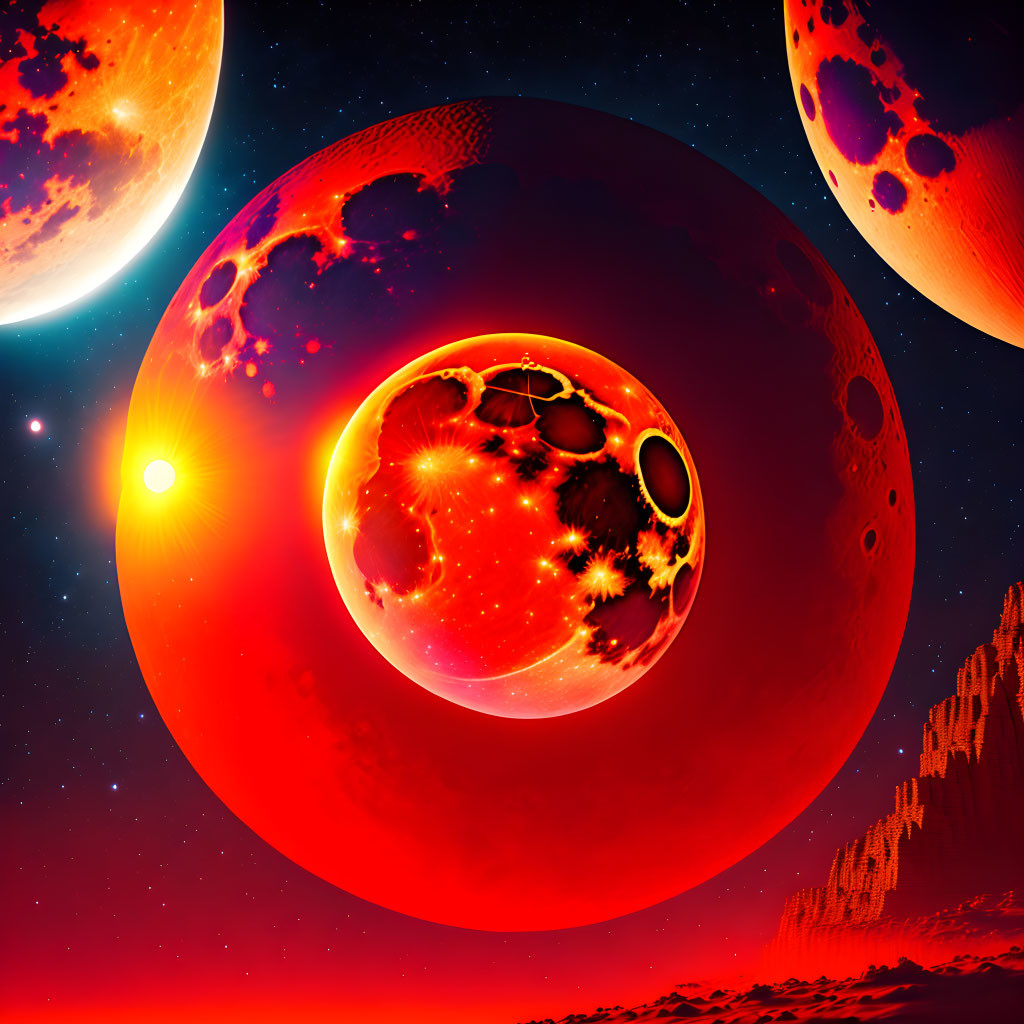 Glowing lava planet in vibrant sci-fi scene