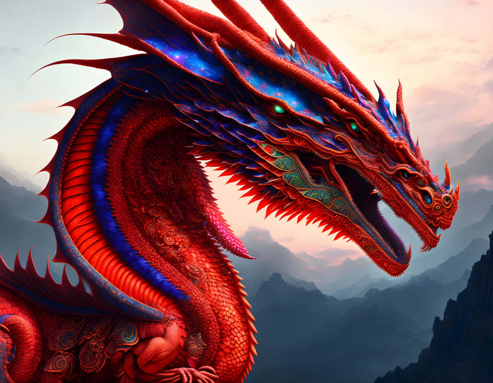 Colorful Red and Blue Dragon in Mountain Sunset Scene