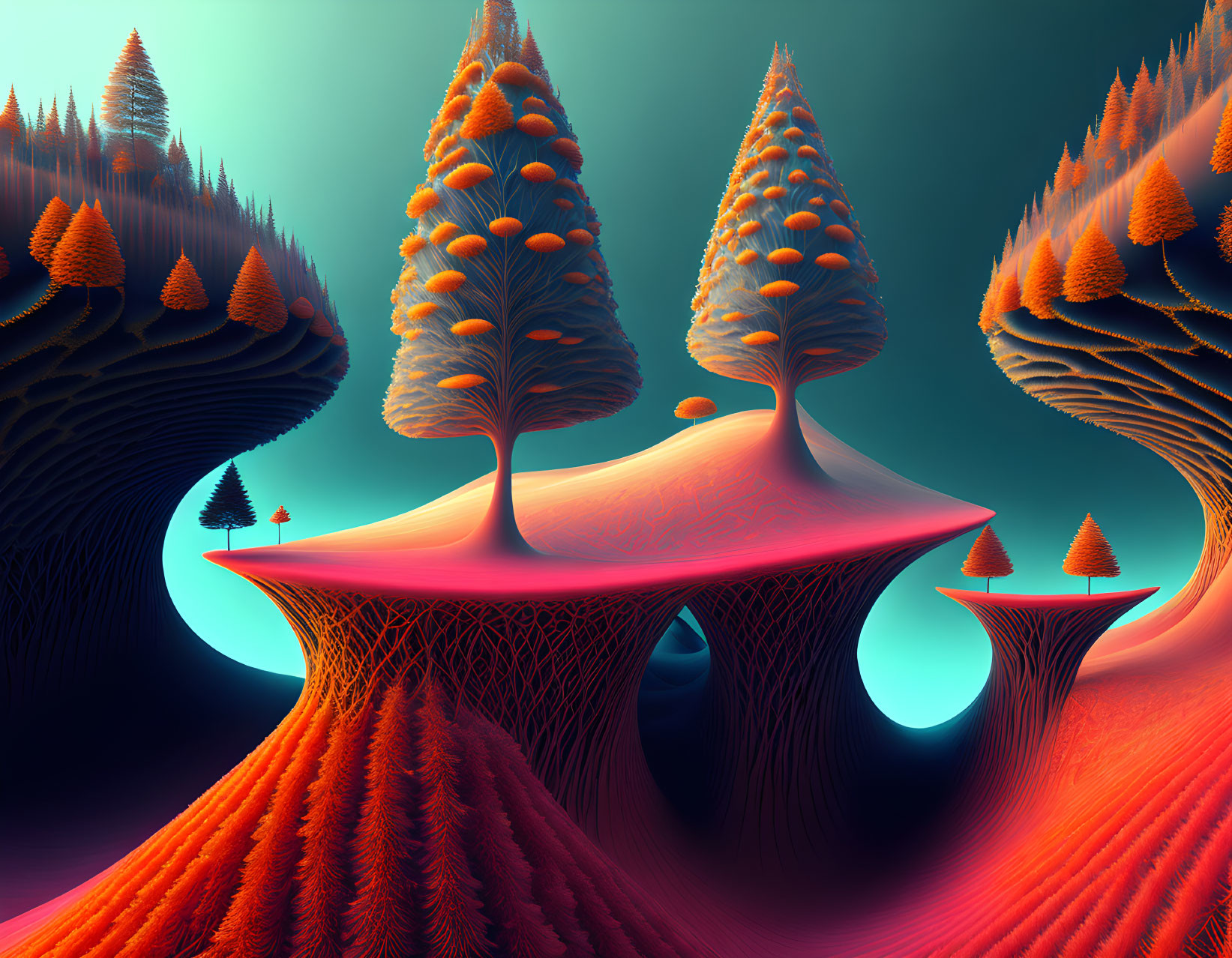 Surreal landscape with stylized umbrella-like trees on orange and teal gradient.