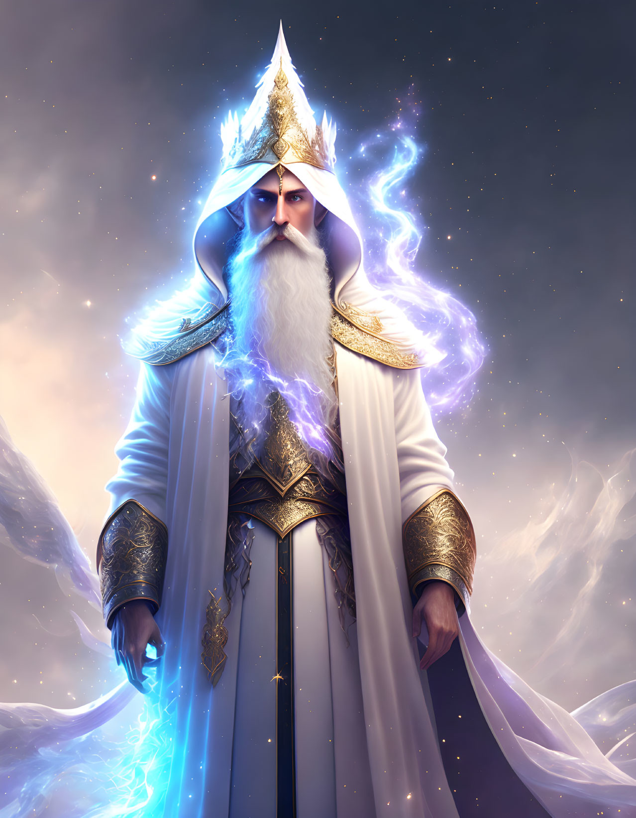 Majestic wizard with glowing staff in cosmic backdrop