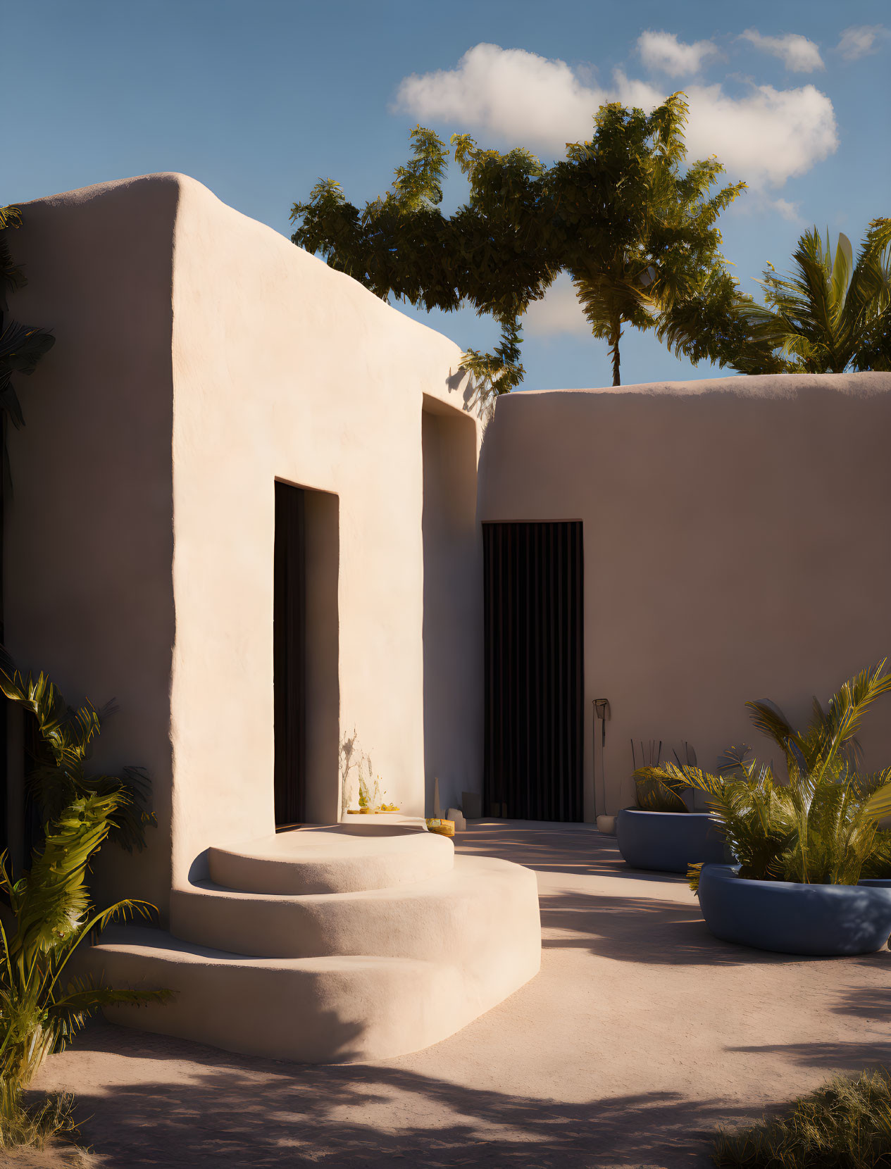 Sunlit adobe-style building surrounded by palm trees under clear sky