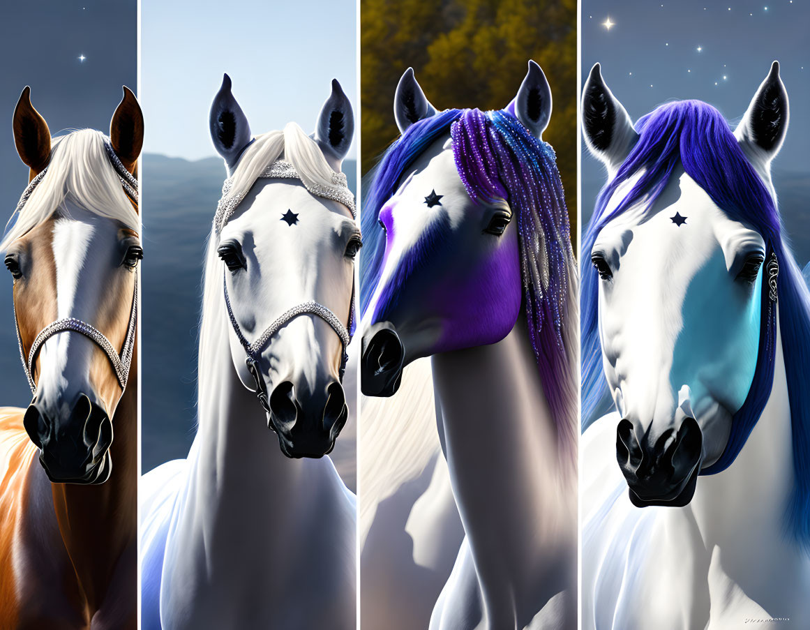 Colorful surreal horse heads with star marks on foreheads against day to night gradient