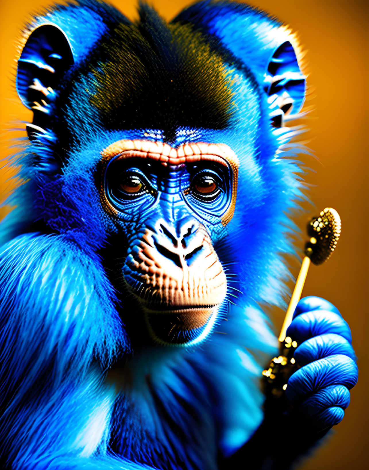 Vibrant digital art: Blue monkey with gold honey dipper on orange backdrop