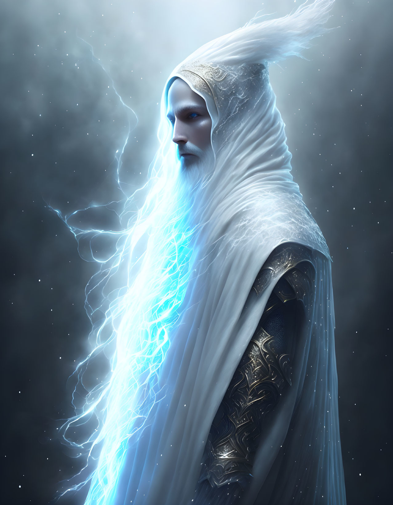 Mystical figure in white robes with glowing blue eyes and lightning against starry night