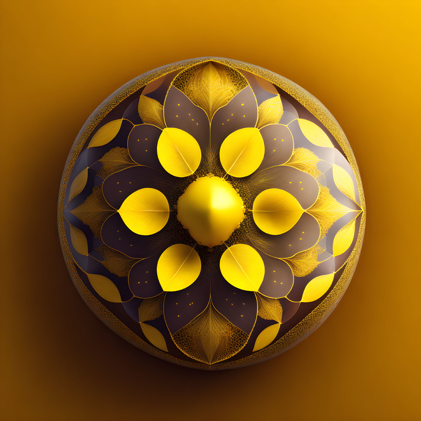 Symmetrical floral pattern on 3D spherical object in gold and navy on yellow background