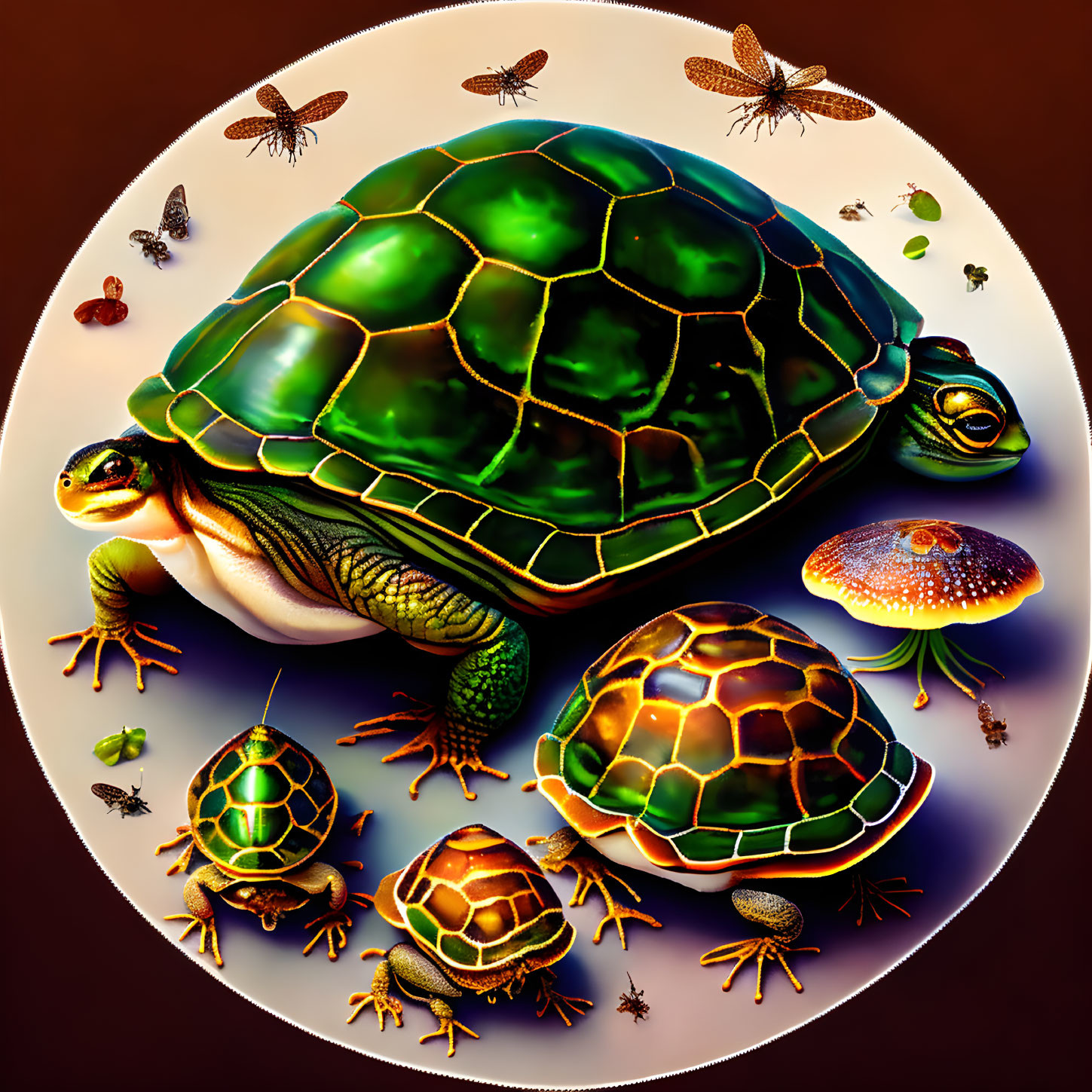 Vibrant turtle surrounded by insects and mushroom on earth-toned background