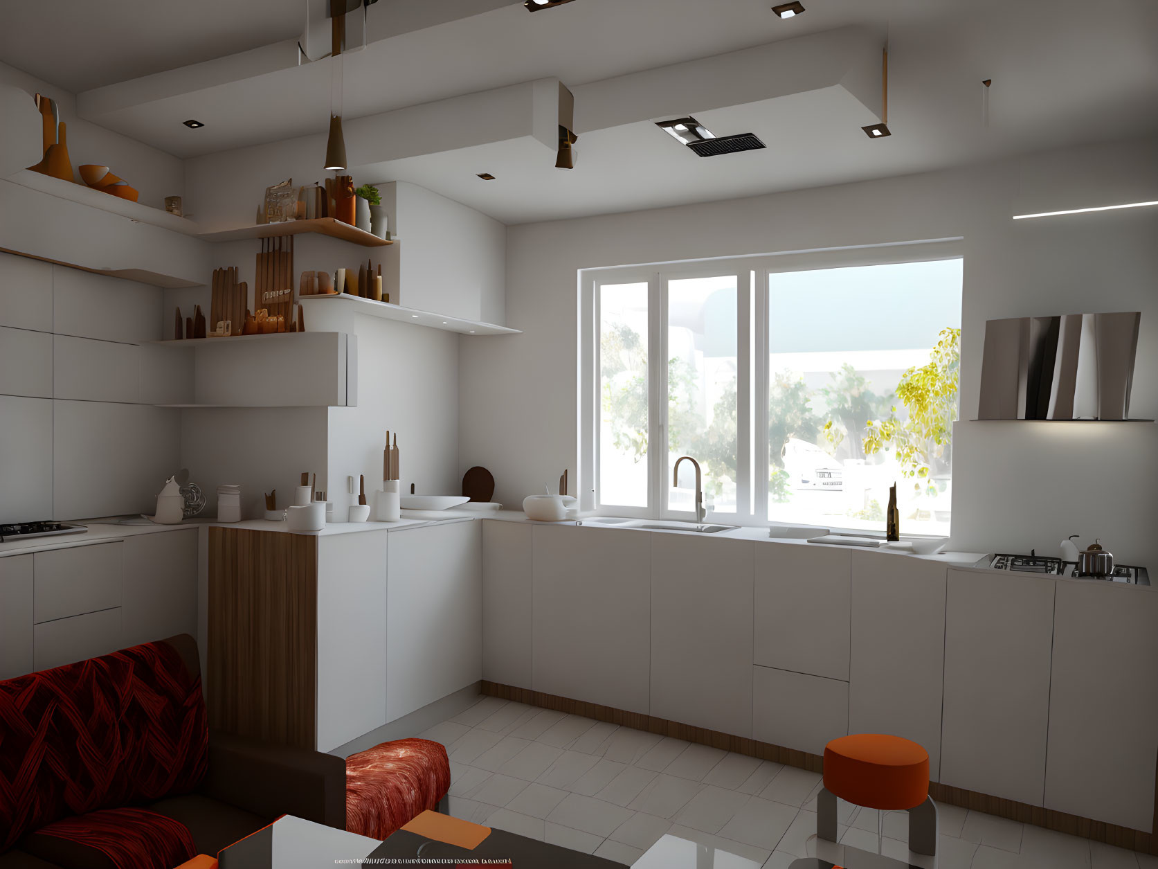 Contemporary Kitchen with White Cabinets, Stainless Steel Appliances, Hanging Shelves, and Tree View; Red