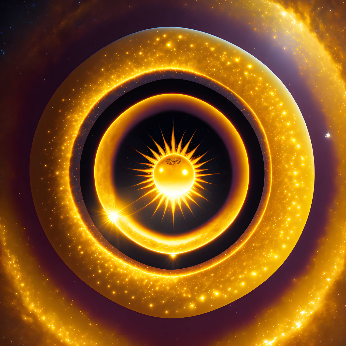 Vibrant cosmic eye with concentric circles in orange and yellow hues