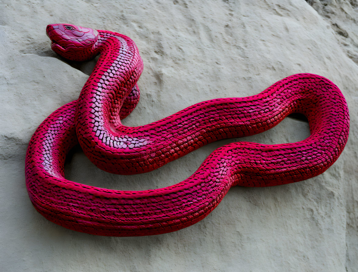 Pink snake sculpture with intricate scales on light grey wall