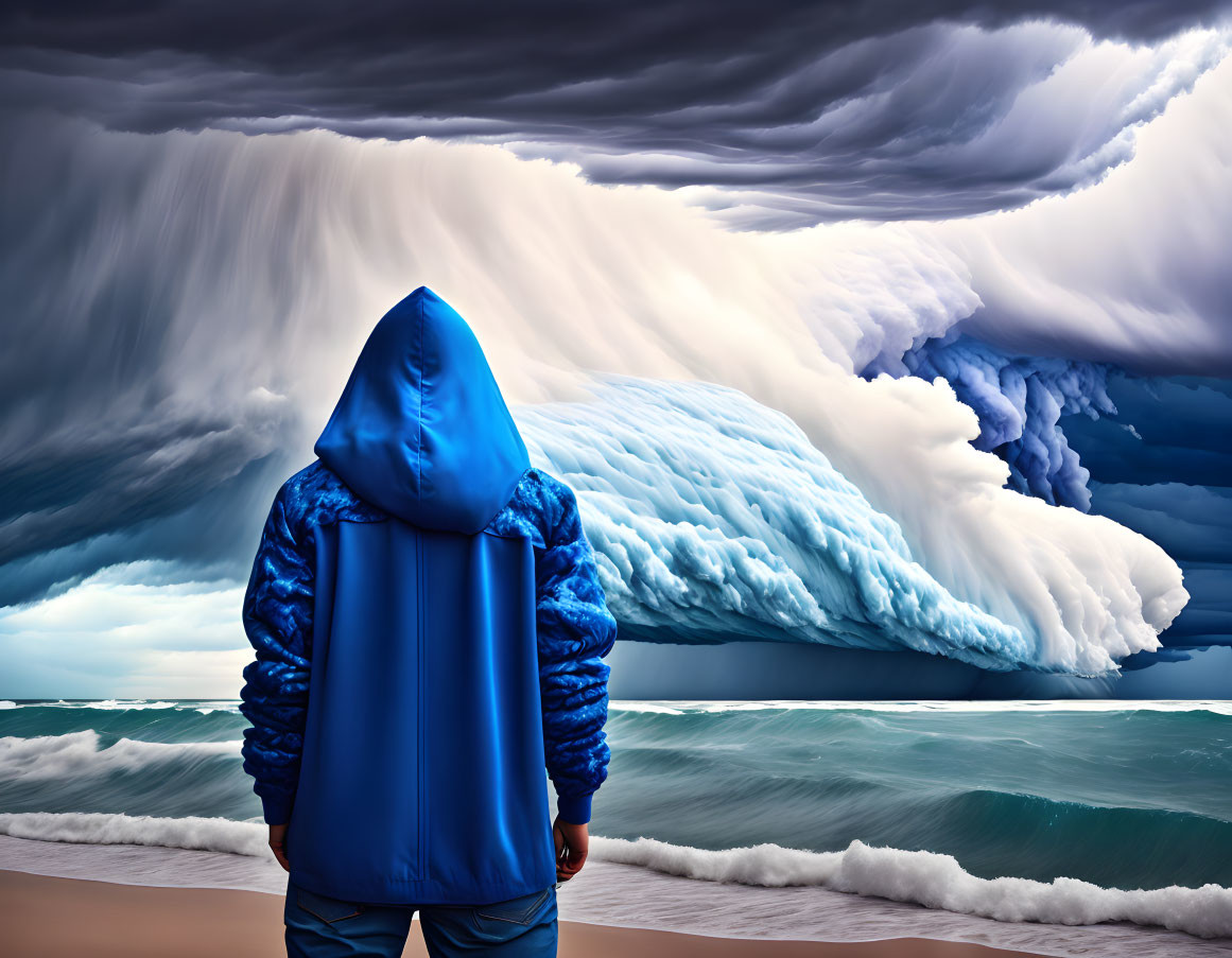 Person in Blue Hooded Jacket Faces Surreal Ocean Scene