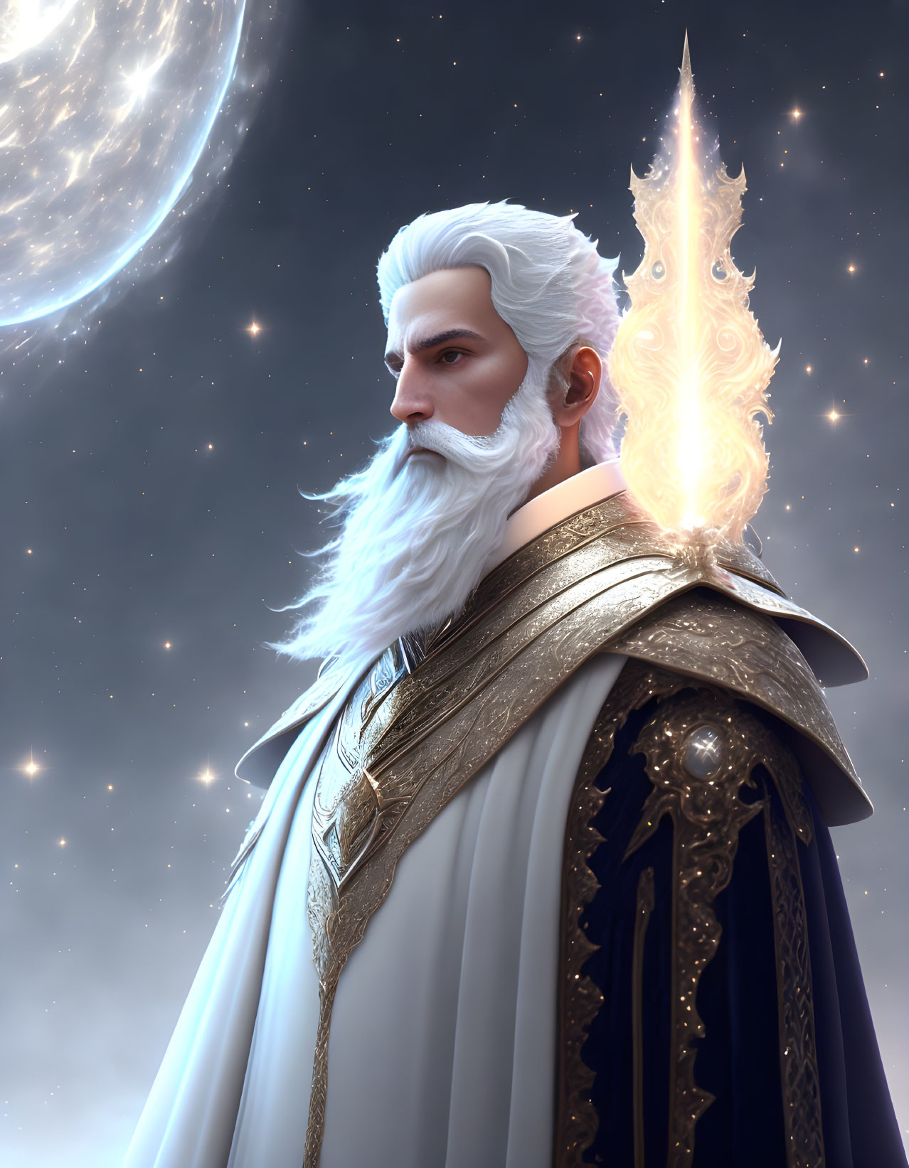 Majestic white-bearded wizard with fiery staff under crescent moon