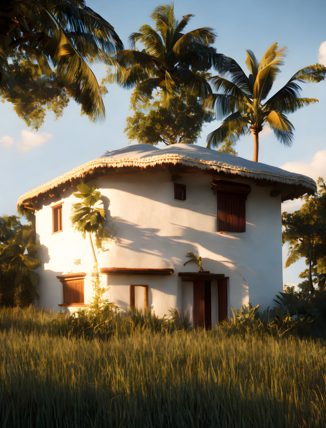 Stucco house with palm trees and tall grass under sunlight