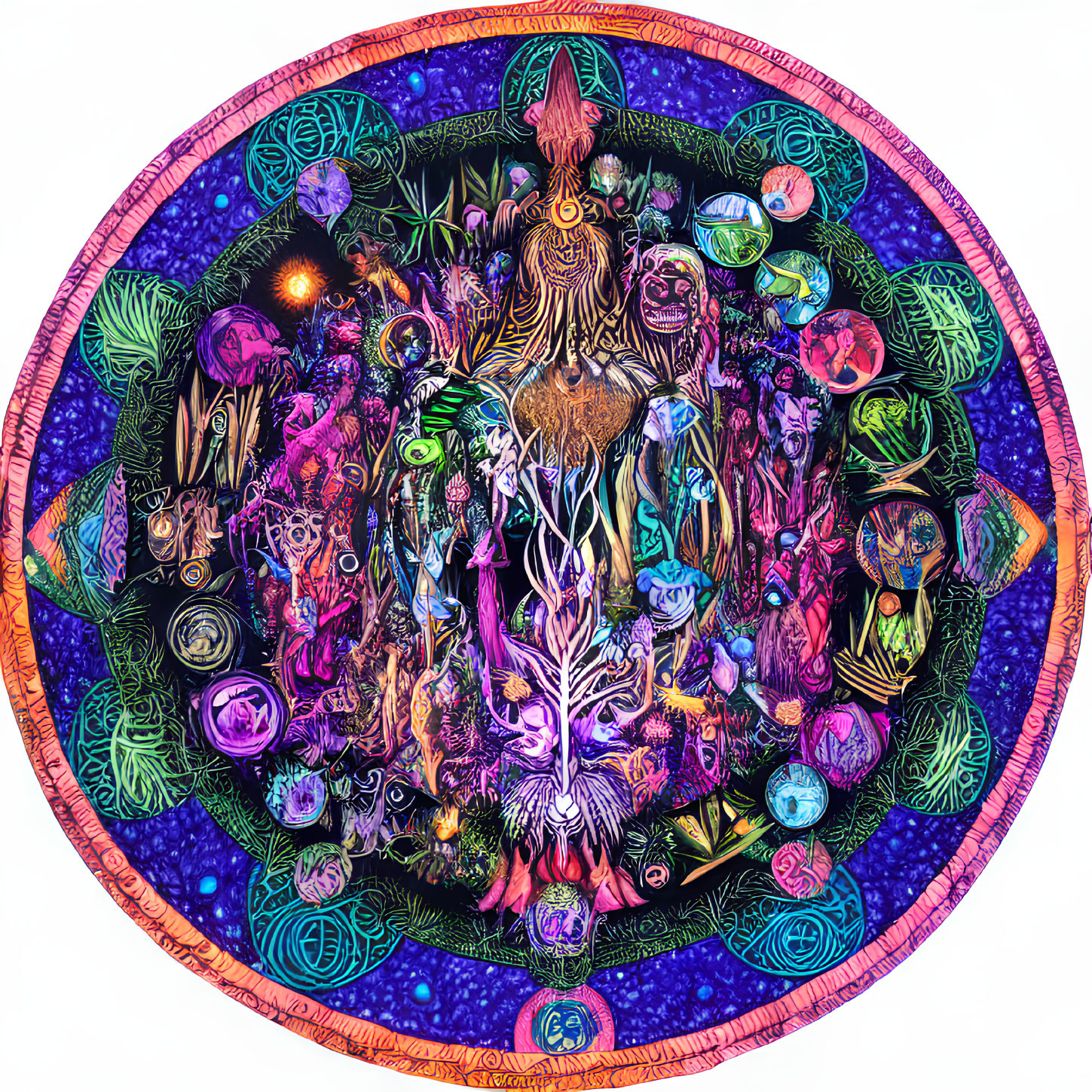 Colorful Circular Psychedelic Artwork with Intricate Patterns and Fantastical Creatures