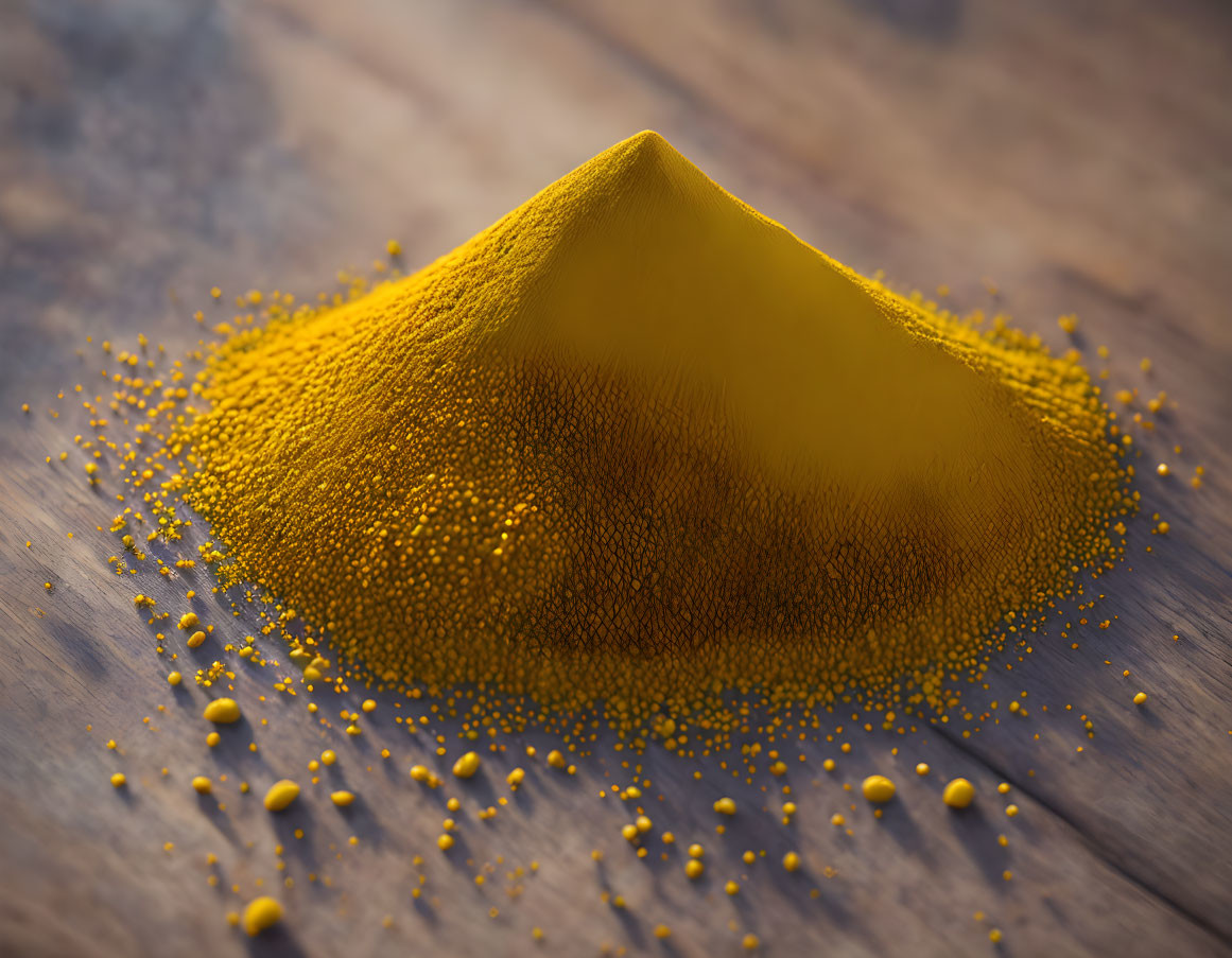 Vibrant yellow turmeric powder on wooden surface