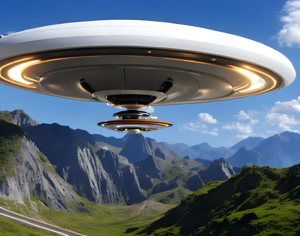 Metallic UFO with Glowing Underbelly Hovering over Mountainous Landscape