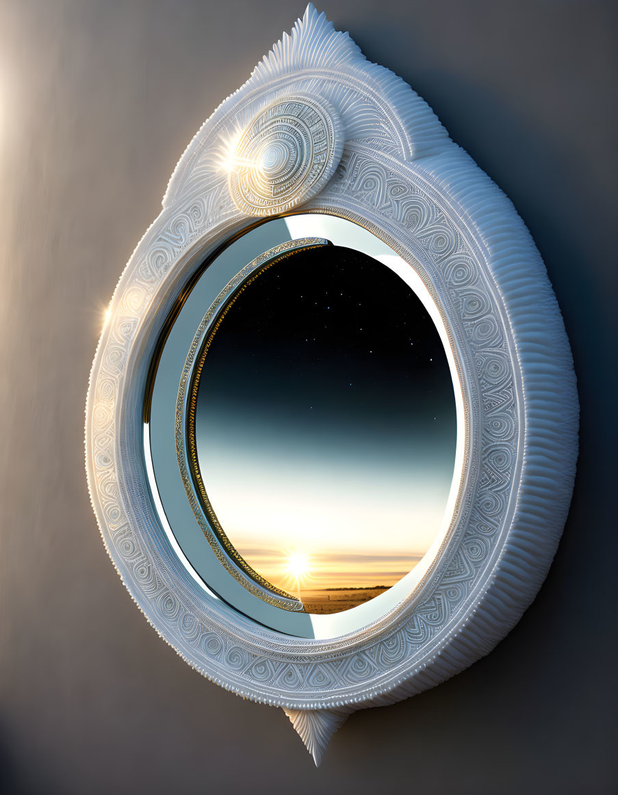 Oval mirror reflecting serene sunset over water with twilight sky