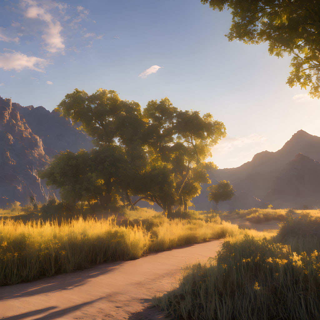 Scenic path through golden grass under lush trees and mountains