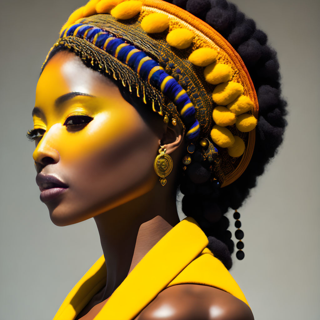 Woman with Vibrant Yellow Makeup and Elaborate Blue Braided Headdress