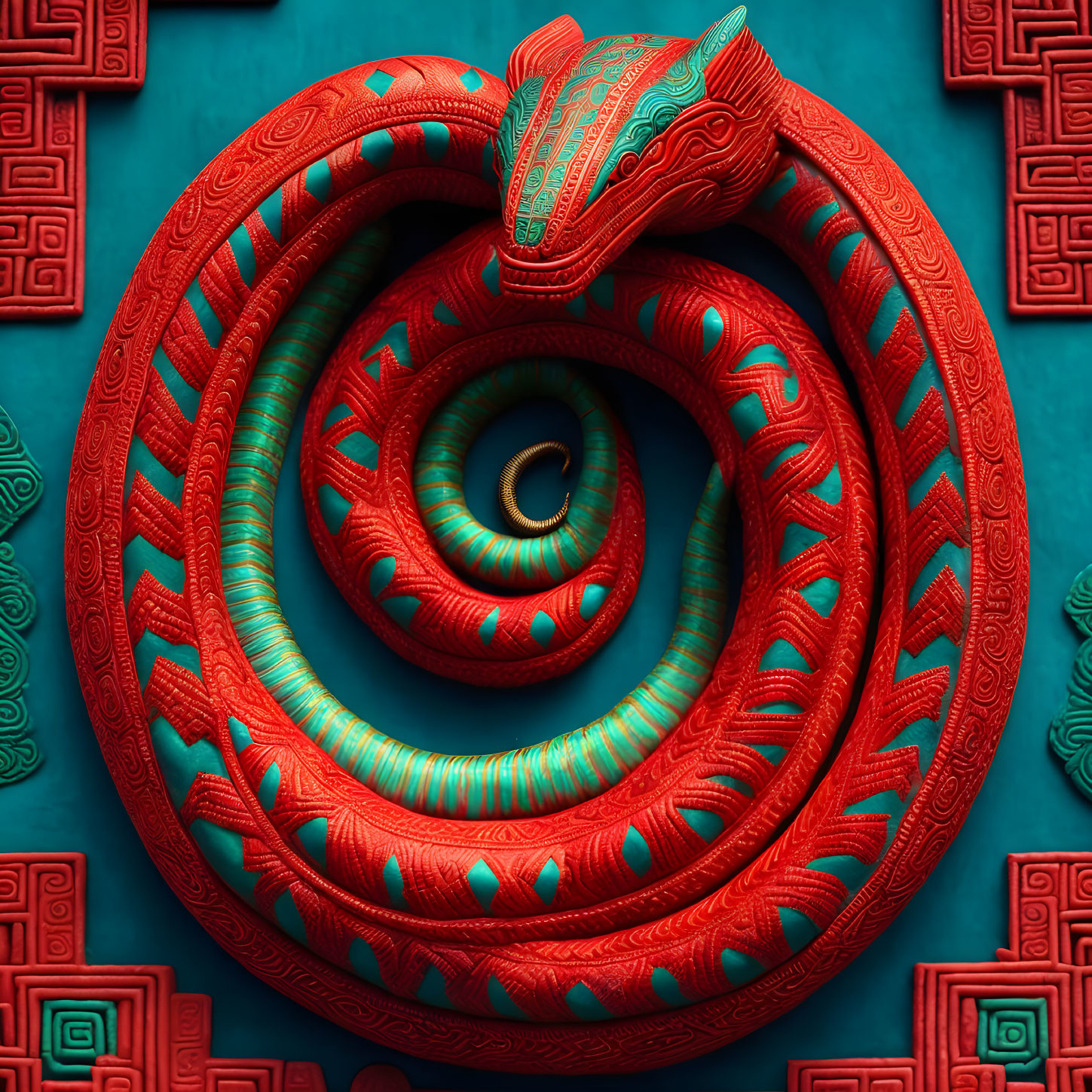 Detailed Red and Turquoise Patterned Snake Coiled on Teal Background