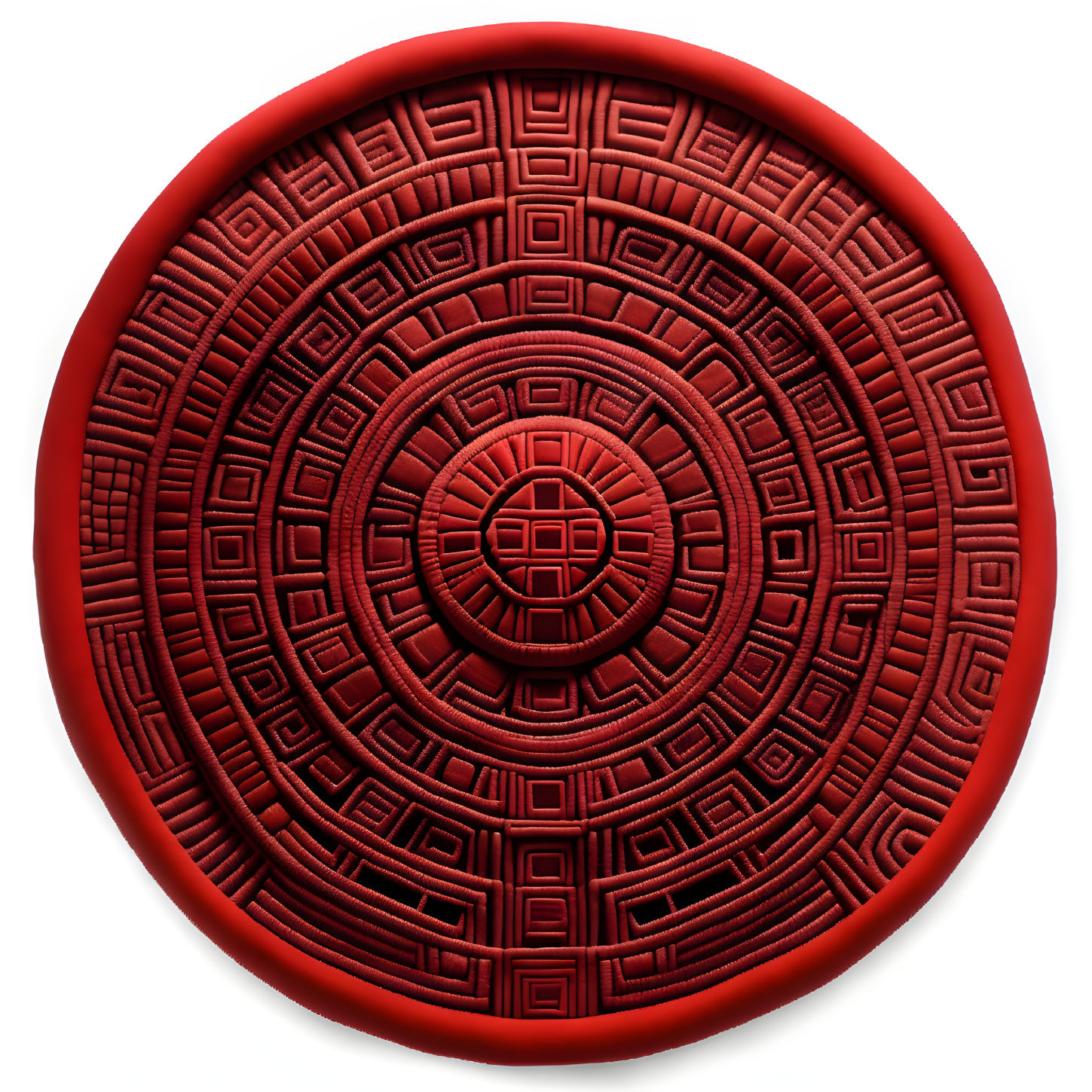 Circular Red Sculpture with Geometric Maze Design and Square Motifs