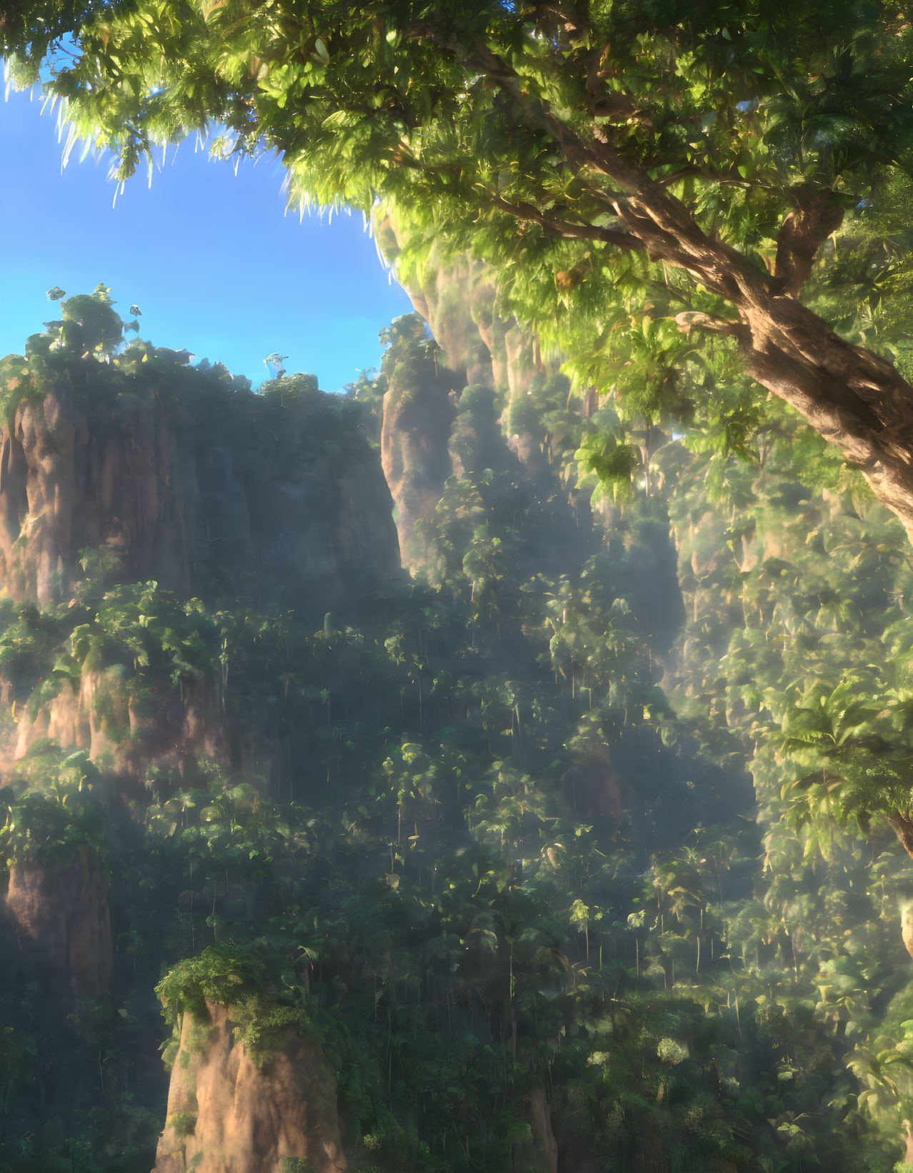 Dense Greenery on Rocky Cliffs in Warm Sunlight