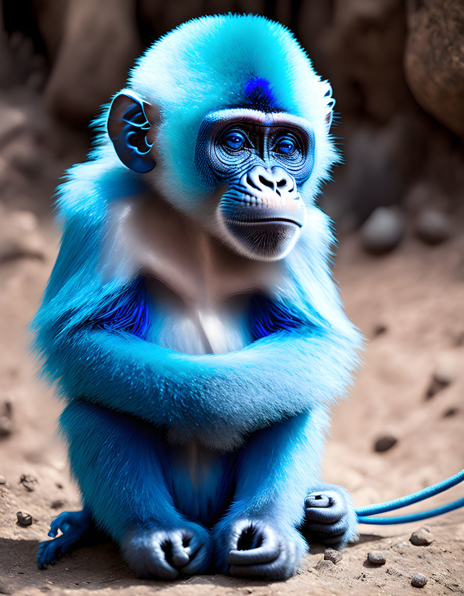 Blue monkey with vibrant colors and pensive expression sitting.