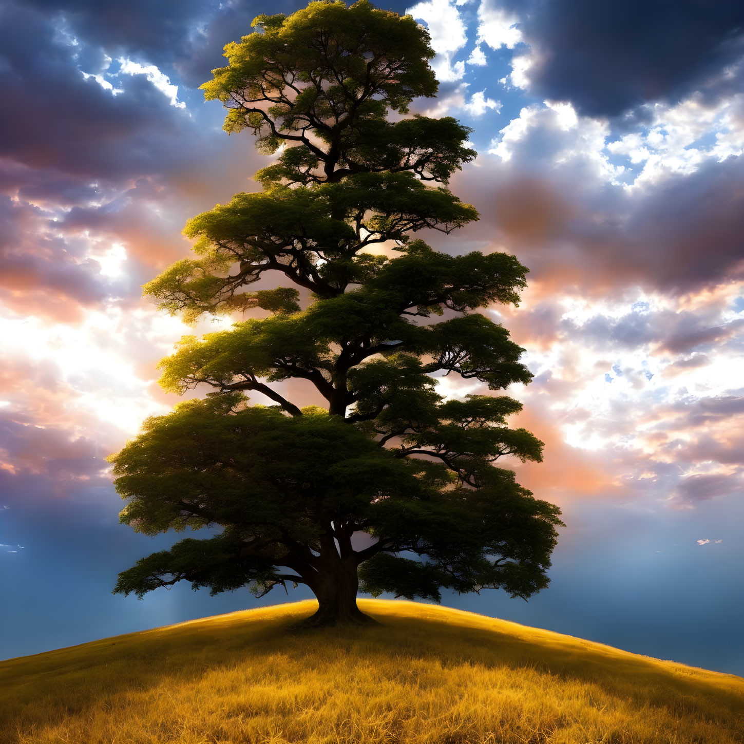 Solitary tree on lush hill under dramatic sky