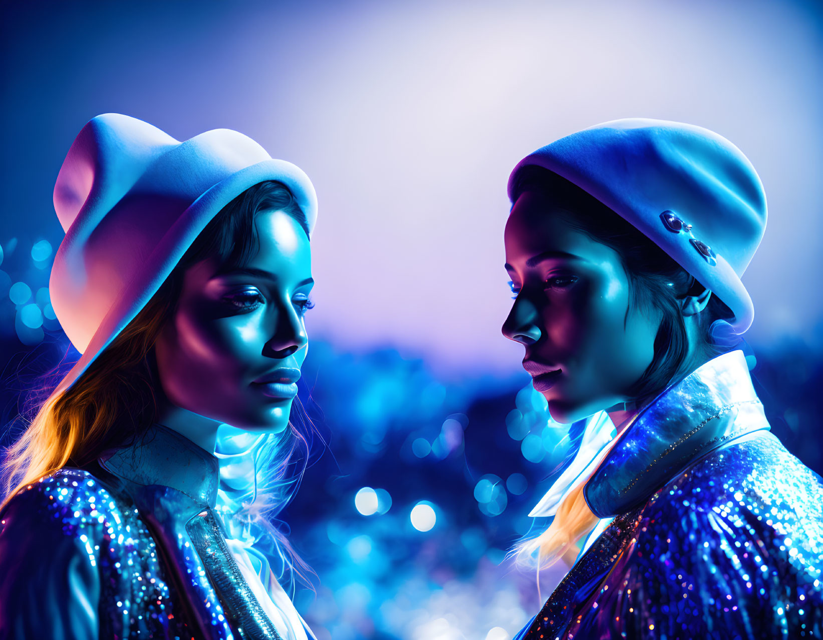 Two women in stylish outfits under blue and purple lighting with bokeh effect