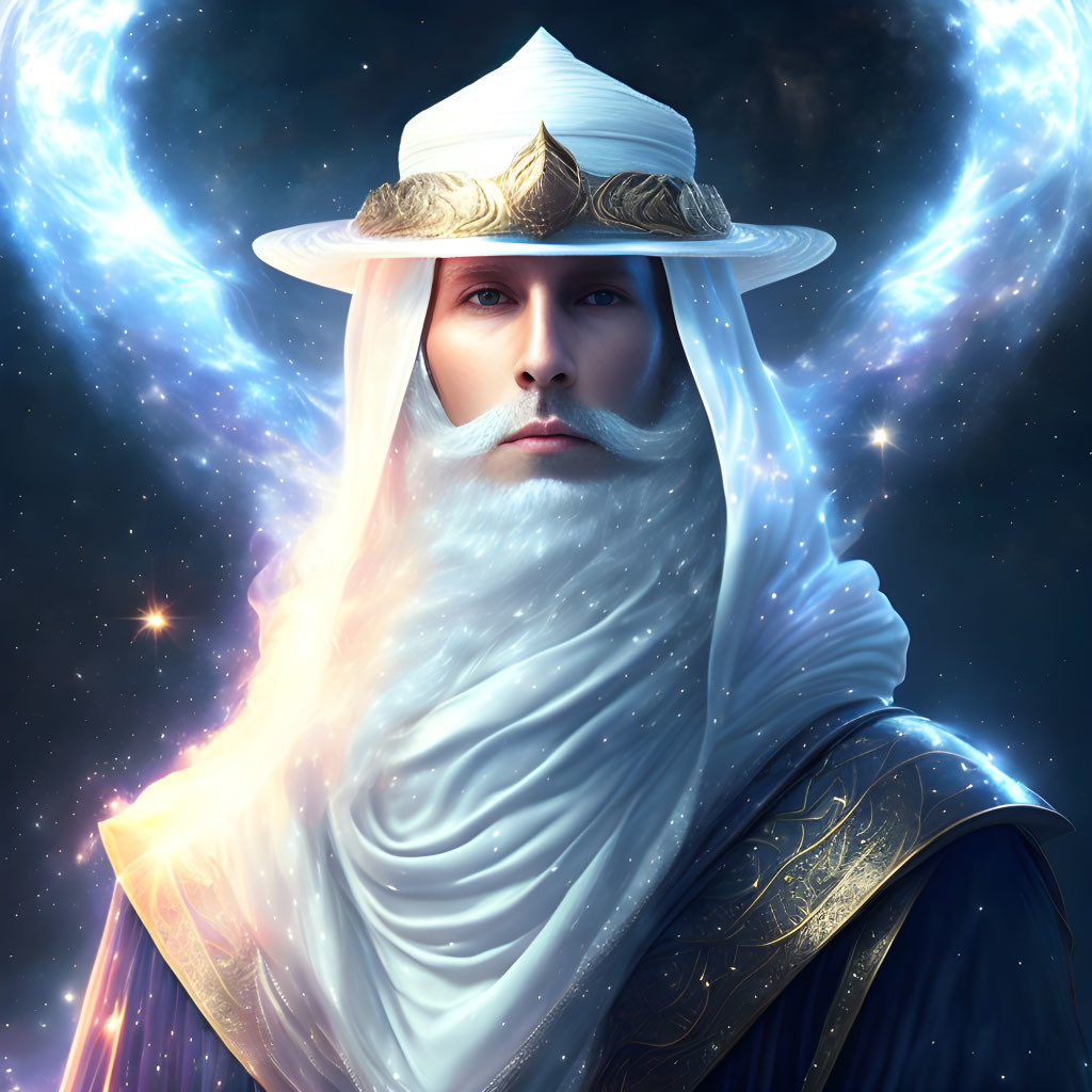 Mystical figure in elaborate robes and turban with glowing eyes against cosmic backdrop