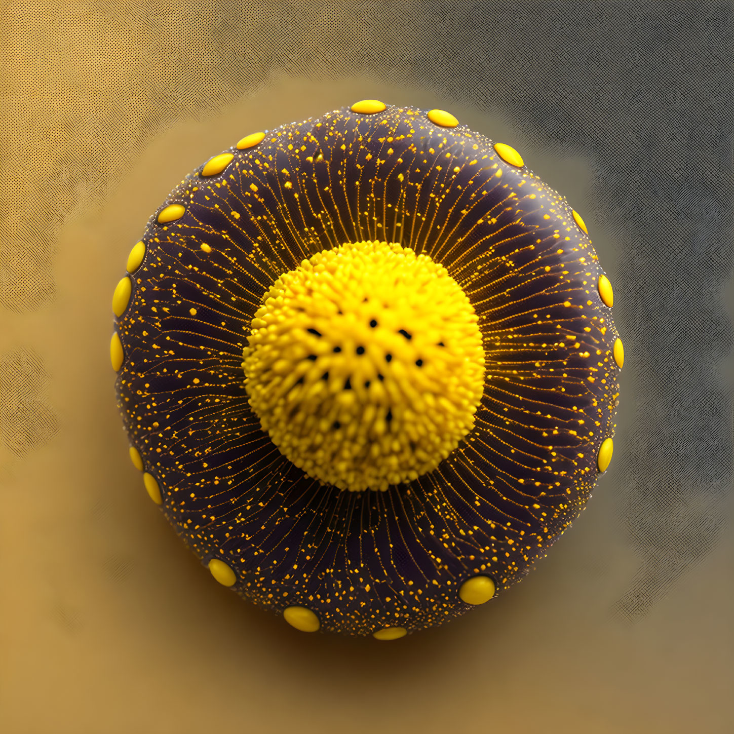 Detailed 3D Rendering of Textured Spherical Object with Yellow and Dark Blue Patterns on Warm Background